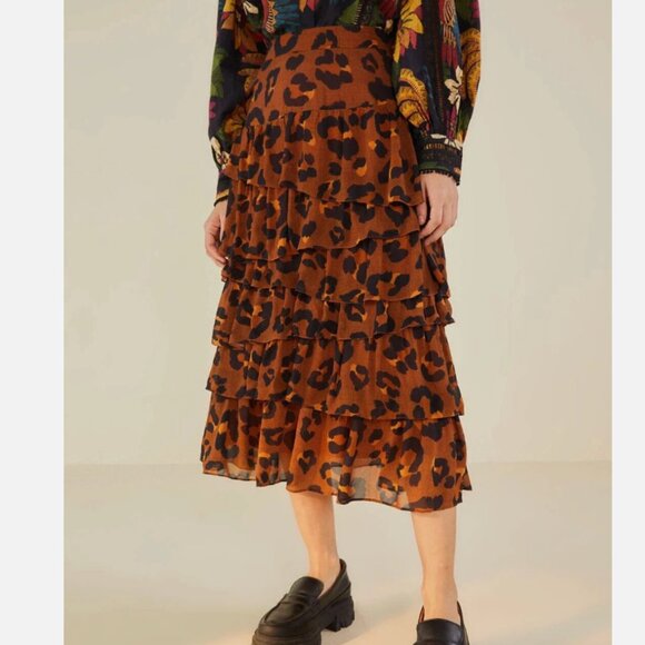 Farm Rio Caramel Maxi Leopard Frill Ruffle Skirt Brown/Black Size XL NWT - Picture 3 of 11
